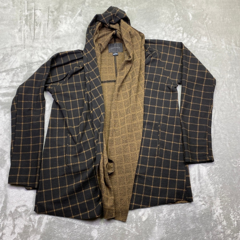Sanctuary Plaid‎ Hooded One Button Cardigan Sweater Black Tan Size S Grunge